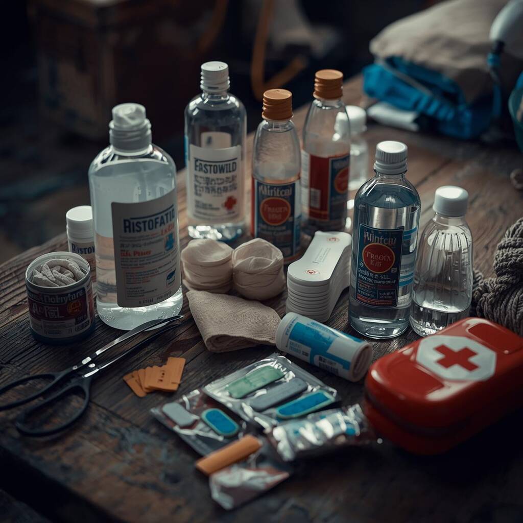 ein holztisch mit desinfektionmittel, verbandmaterial, pflaster, zwei flaschen wasser, einem erste hilfe set